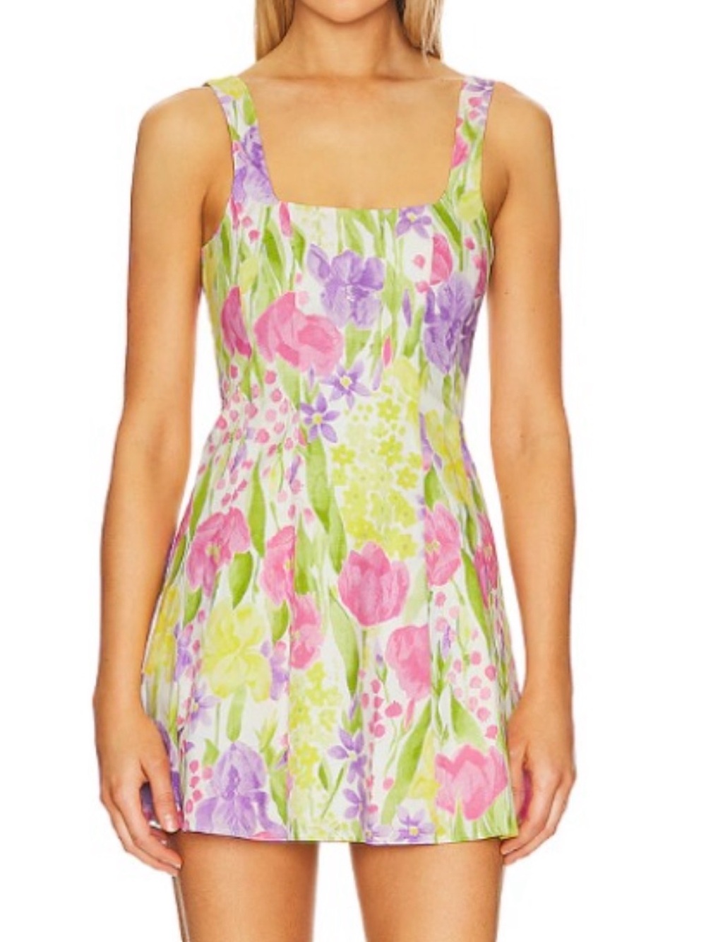 Floral Square-Neck Mini Dress - Pink & Purple